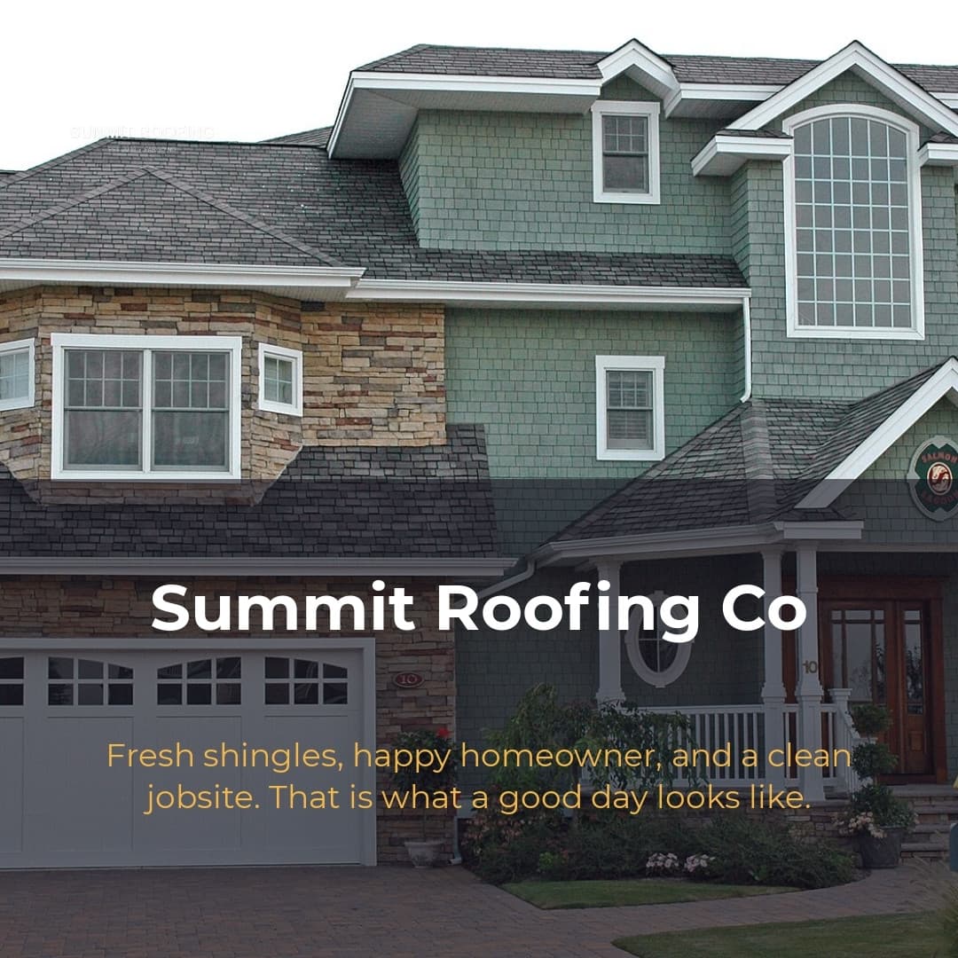 A finished square Instagram post made by PopJar for a sample roofing company: a green two-story house with the headline Summit Roofing Co and the caption 'Fresh shingles, happy homeowner, and a clean jobsite. That is what a good day looks like.'