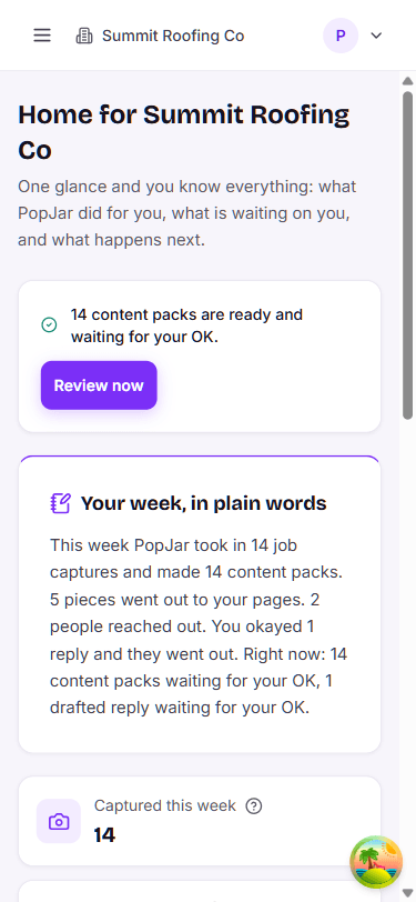 PopJar on a phone showing fourteen content packs ready to review for a sample roofing company, with a Review now button