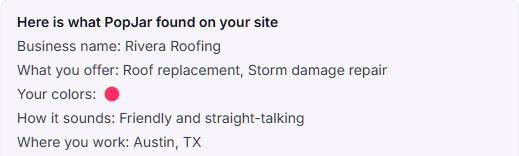 The PopJar app after reading a sample roofing company's website: the business name, what it offers, its color, how it sounds, and where it works